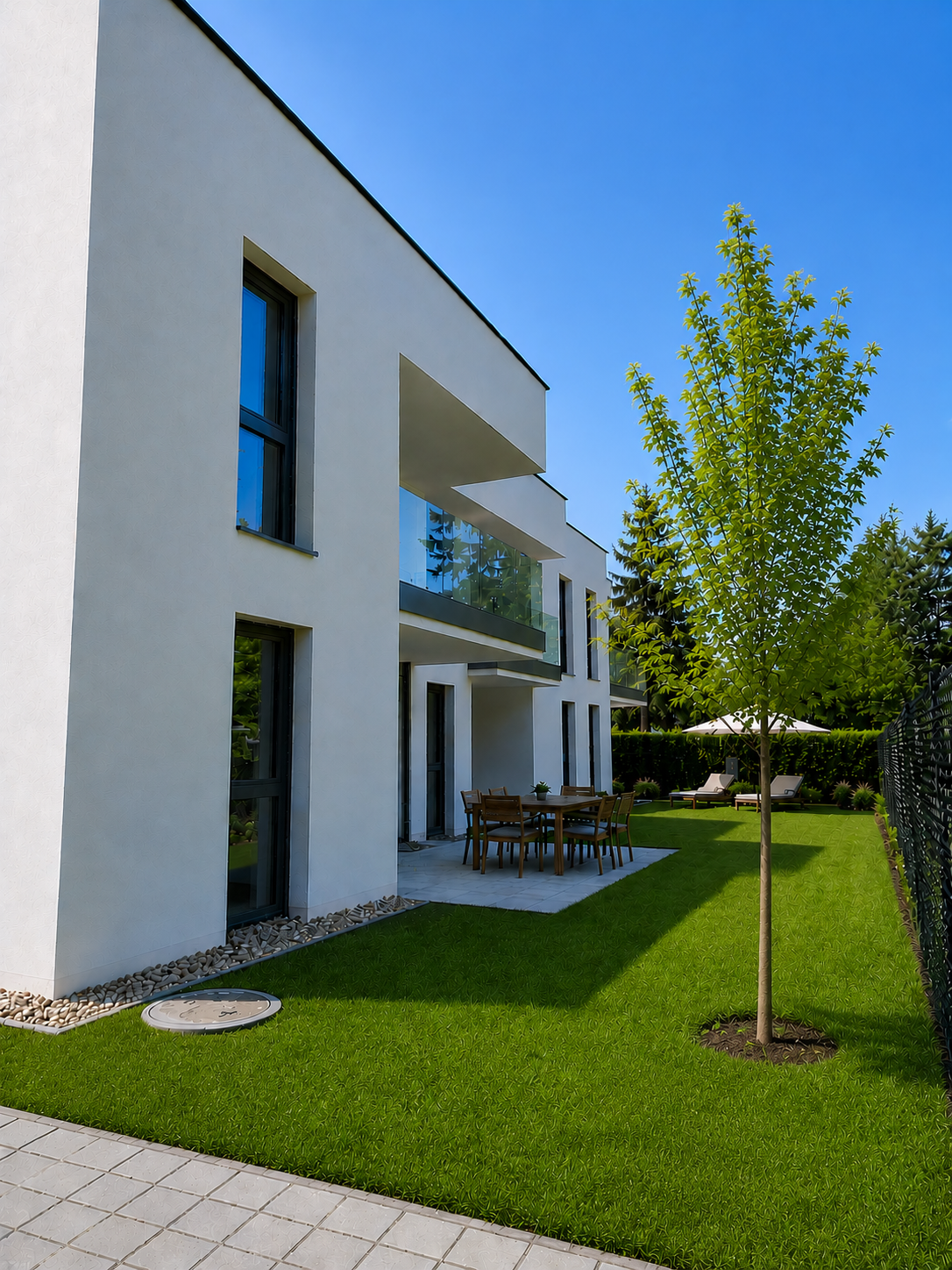 Nordwestliche Gartenansicht der Wohnhausanlage