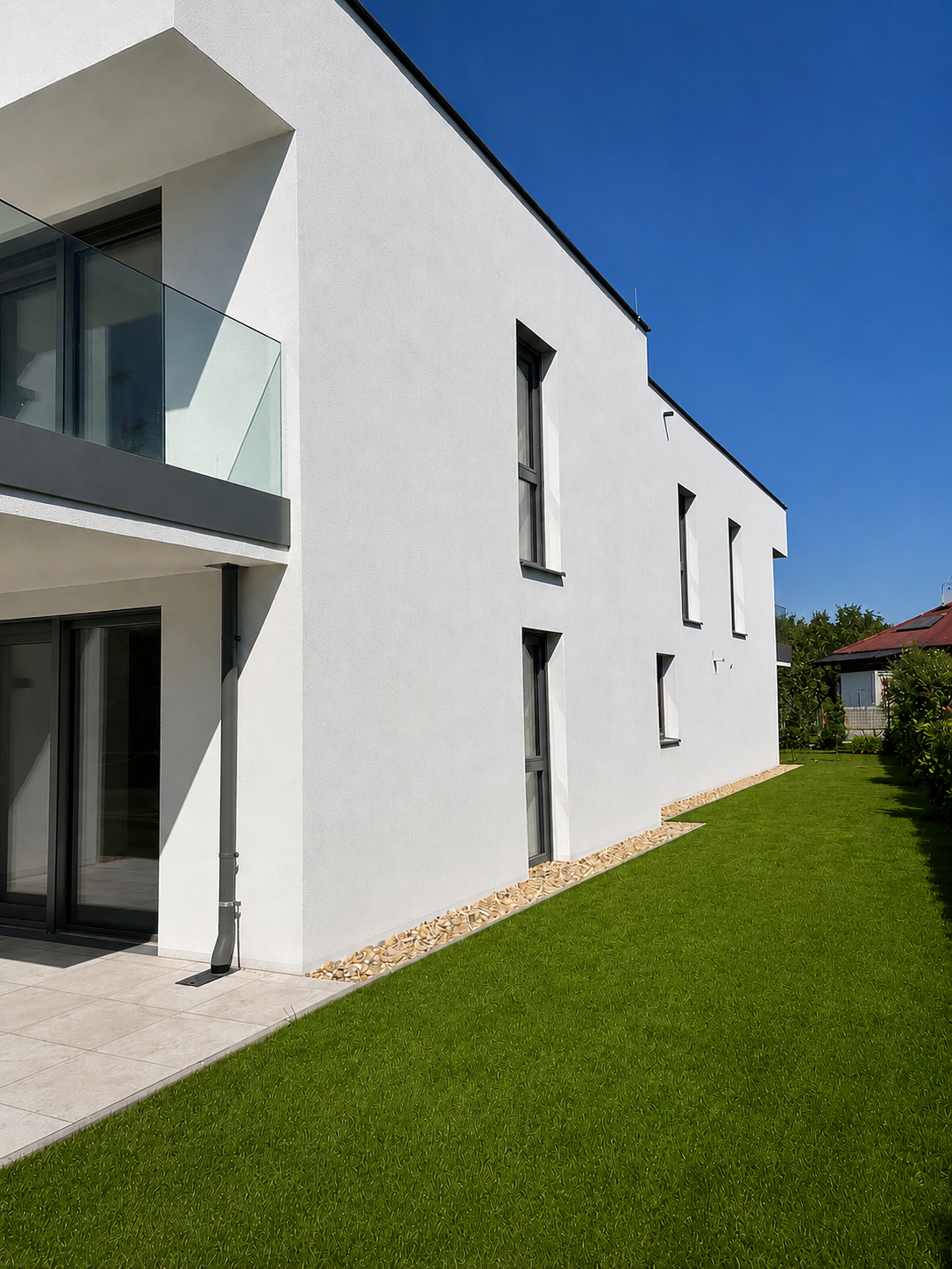 Östliche Gartenansicht mit Balkonen und Terrasse