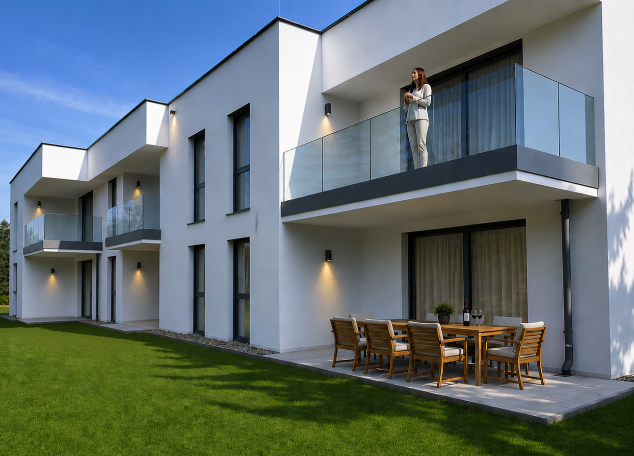 Gartenansicht der Wohnanlage mit Terrasse und Grünfläche